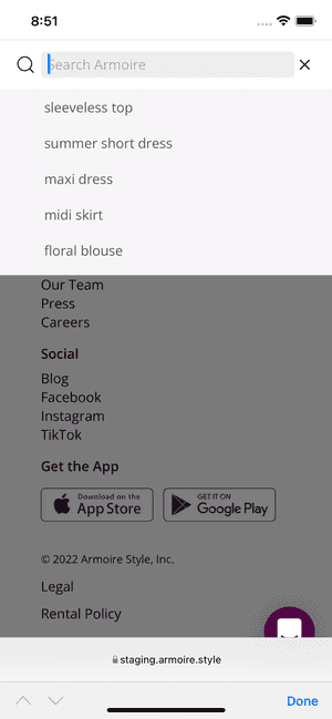 Snapshot of mobile web search bar at the top of the page. Text field is empty, with 5 suggested searches overlayed underneath.