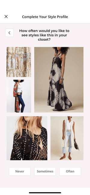 Snapshot of 'Complete your style profile' modal, which shows a question in the web style quiz rendered natively in the mobile app.