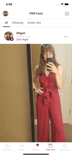 Top level view of the Style Feed. All, Following, and Similar Size tabs for viewing different feeds. An initial feed item containing a photo of a woman wearing a red jumpsuit