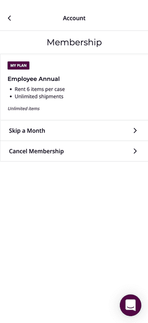 Snapshot of mobiel web membership page. Shows selected plan, as well as options to skip a month and cancel membership.