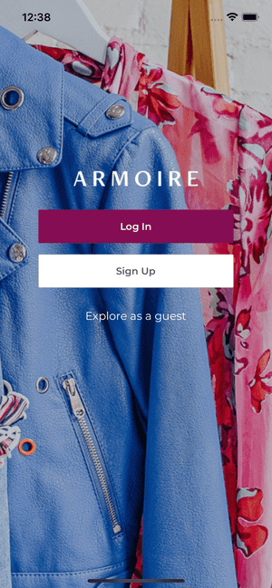 Mobile app welcome screen with background image of clothing, login, signup and explore as guest buttons