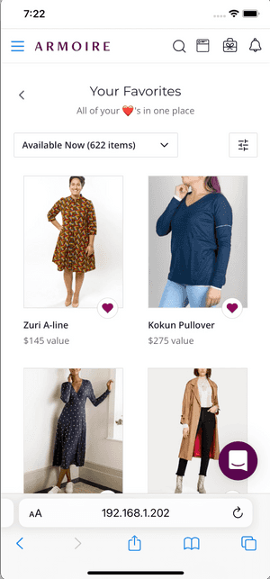 Snapshot of mobile web closet section page titled 'Your Favorites'. Dropdown to toggle availability and small filter button up top. Two column list view of products.
