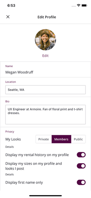 Edit Profile modal. Options for a user to update their location, bio, and privacy settings.