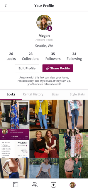 Snapshot of mobile web feed profile. Profile shows a woman with brown hair, profile details, as well as sliding sections containing posted looks, rental history, sizes, and style stats.