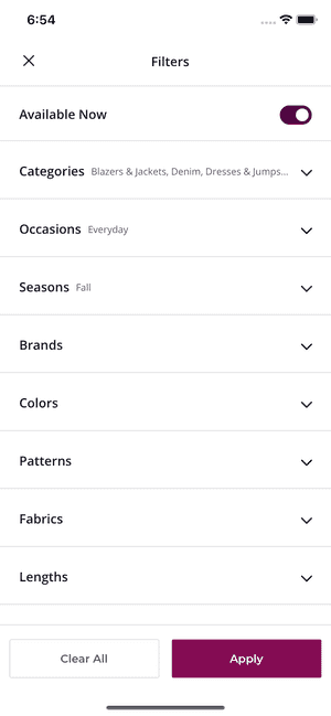 Closet Filters modal, which shows options for filtering by Category, Occasion, Season, Color, Pattern, and other style attributes