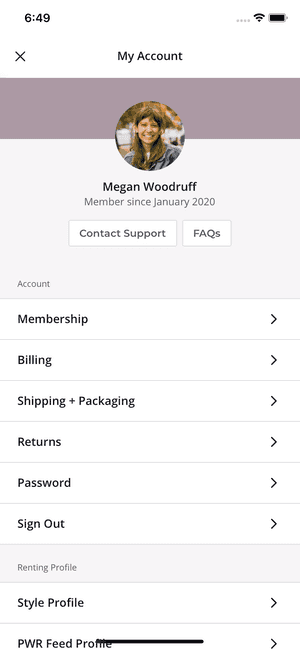 Account overview screen. Contains a user's profile image, buttons for FAQs and contacting support, as well as a stacked list of membership and account management actions.