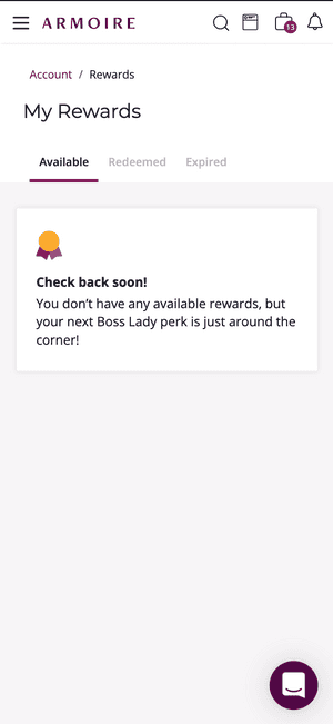 Snapshot of mobile web account rewards page. Shows tabs for available, redeemed, and expired rewards.