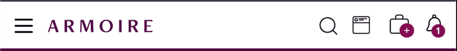 Snapshot of navigation bar on Armoire web mobile. Shows icons for Search, Feed, Case, and Notifications, as well as hamburger menu button.