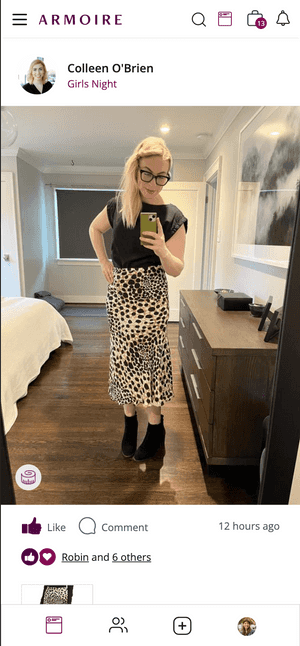 Snapshot of mobile web PWR Feed. First post shows a blonde woman taking a mirror selfie of her rented cheetah print skirt.