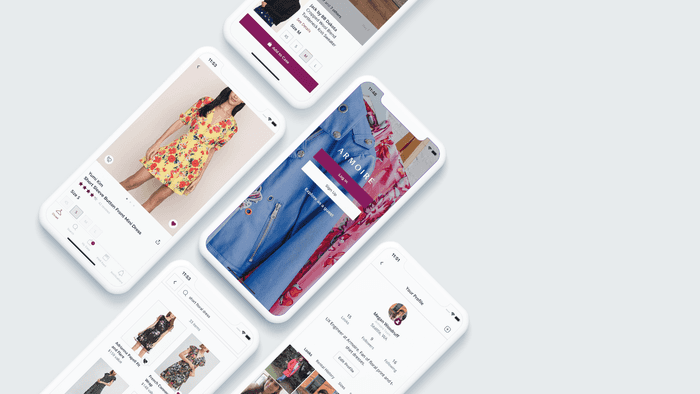 Mock up of phones with screens showing Armoire's mobile app. Including a welcome screen, product details page, search results, and member feed.